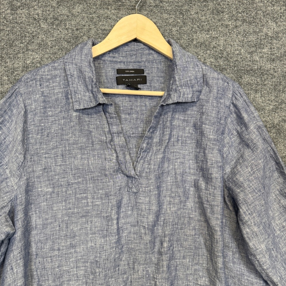 Tahari Size 1X Shirt Blouse Navy Blue Heather Linen Collared Buttons 3/4 Sleeves - Picture 3 of 7